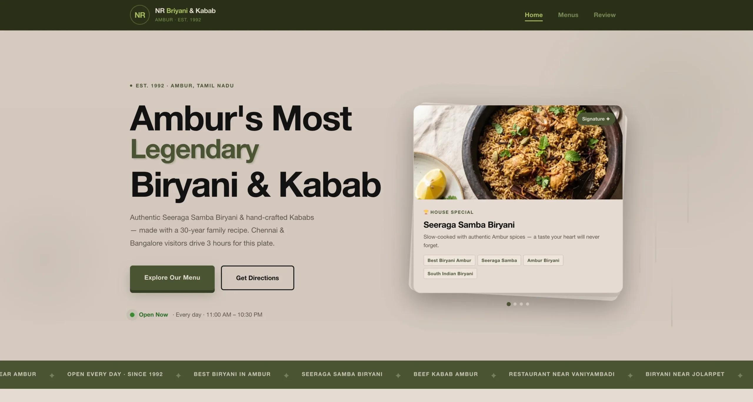 NR Briyani & Kabab live menu website — WhatsApp automation by Automation Nexgen, Ambur Tamil Nadu
