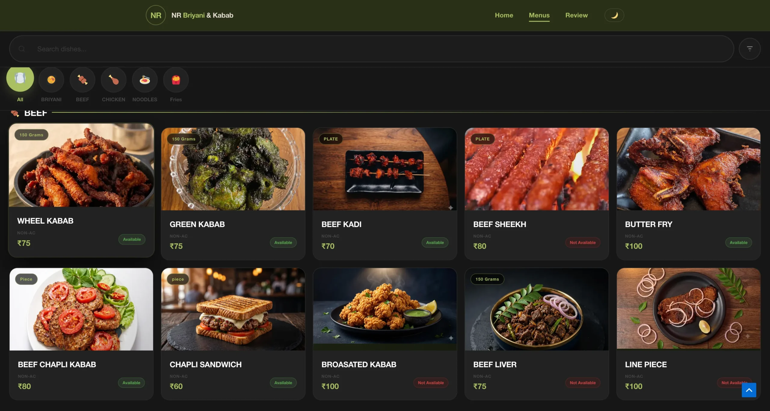 NR Briyani & Kabab menu availability — Automation Nexgen live menu system Ambur