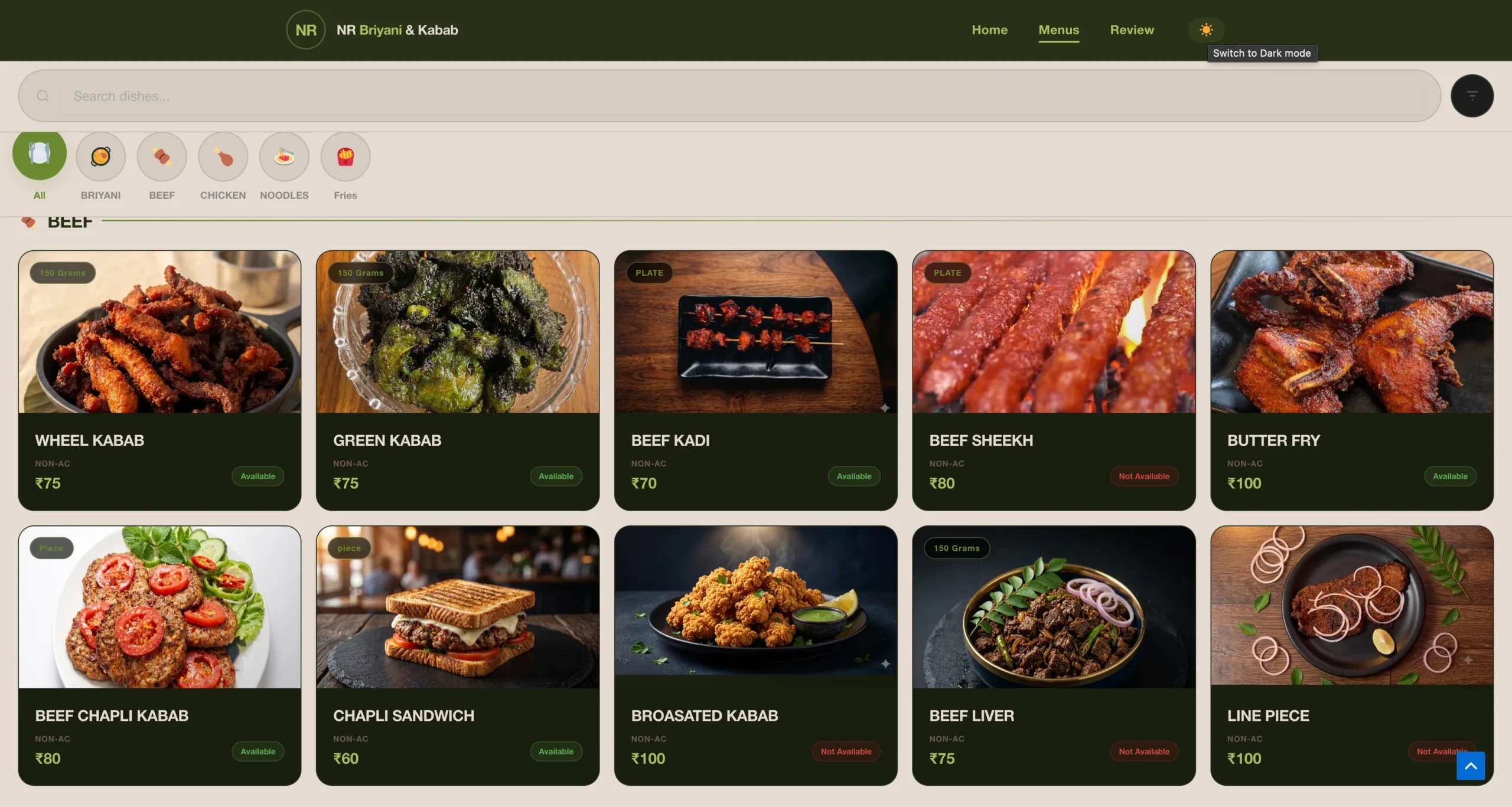 NR Briyani & Kabab dish listing page — AI automation case study Ambur Tamil Nadu